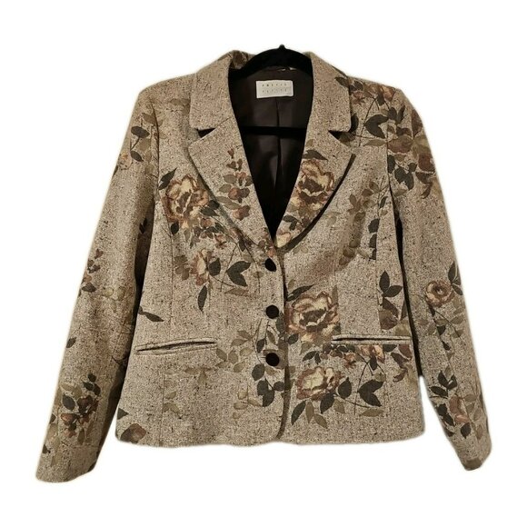 Precis Petite Silk Wool Tweed Blazer Women 12 Beige Floral Professional Career - Picture 2 of 12
